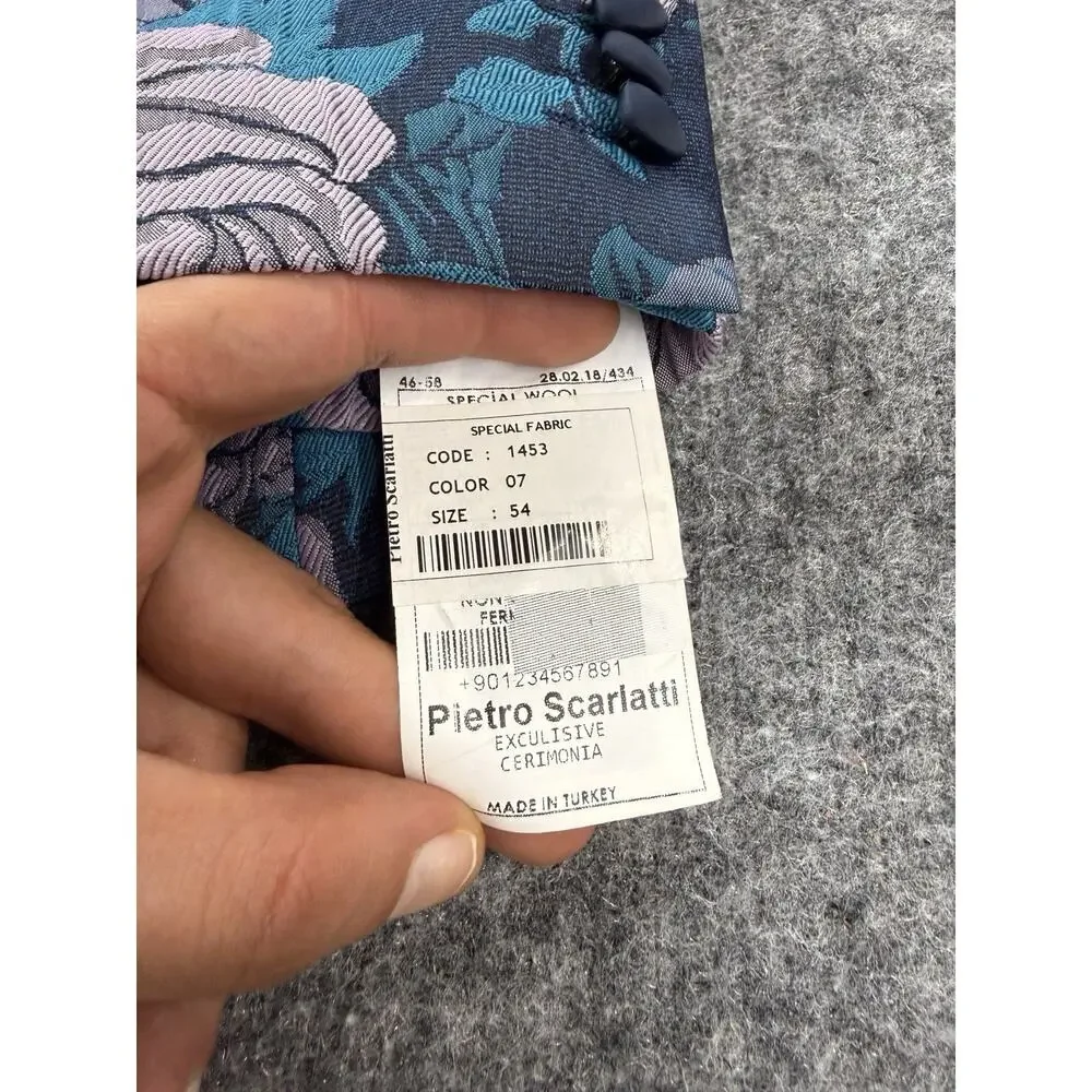Pietro Scarlatti Mens Suit 3pc US 44 EU 54 Floral Blazer Vest Pants Blue T2